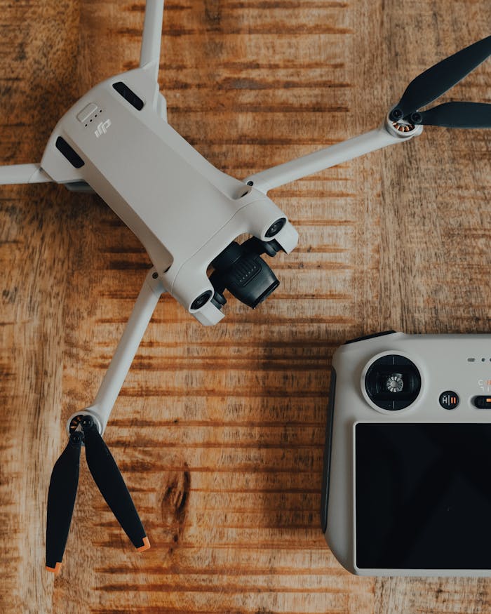 pexels photo 16810234 Top view of a drone and controller set on a rustic wooden surface, showcasing modern technology.