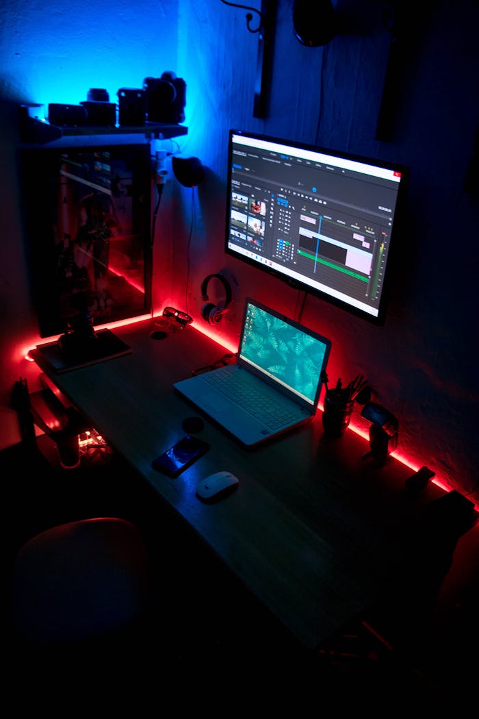 about-02 A sleek editing desk setup featuring vibrant RGB lighting, perfect for content creators.
